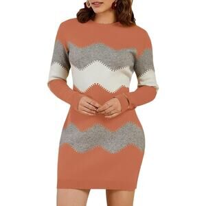 Koinshha Women Striped Mini Bodycon Sweater Dress LongSleeve Knitting Pullover L